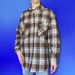 Vintage plaid flannel chore jacket shirt gorpcore brown blue, size M